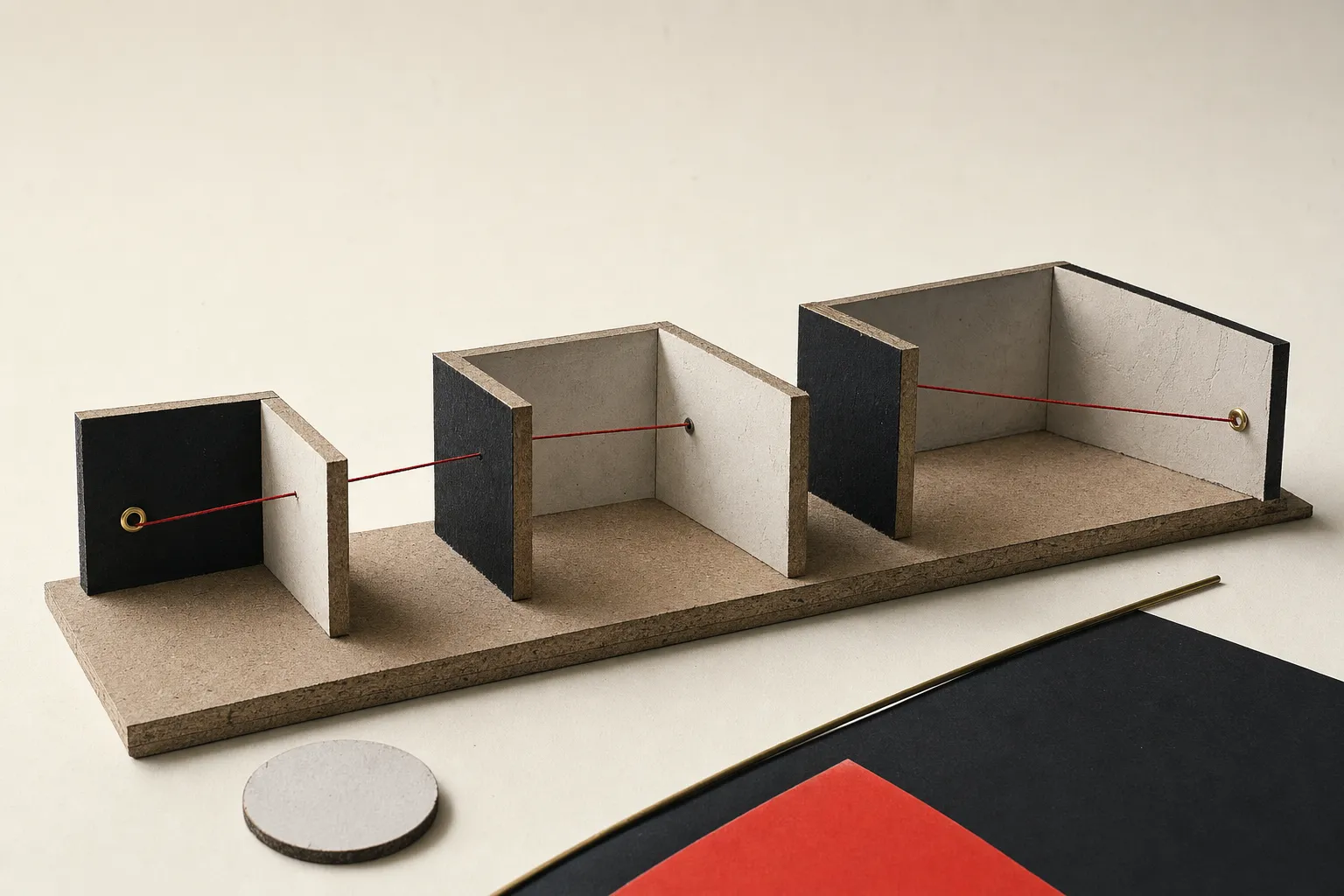 A hand-built chipboard model of three bare room volumes on a long base plate, thread running from a single brass eyelet through all three to pinned points on their far walls