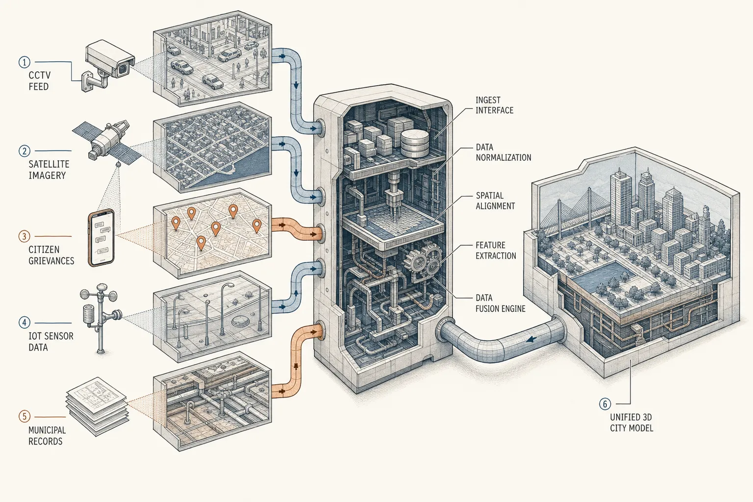 Explainer cutaway showing multimodal operational data streams unifying into a 3D physical city model