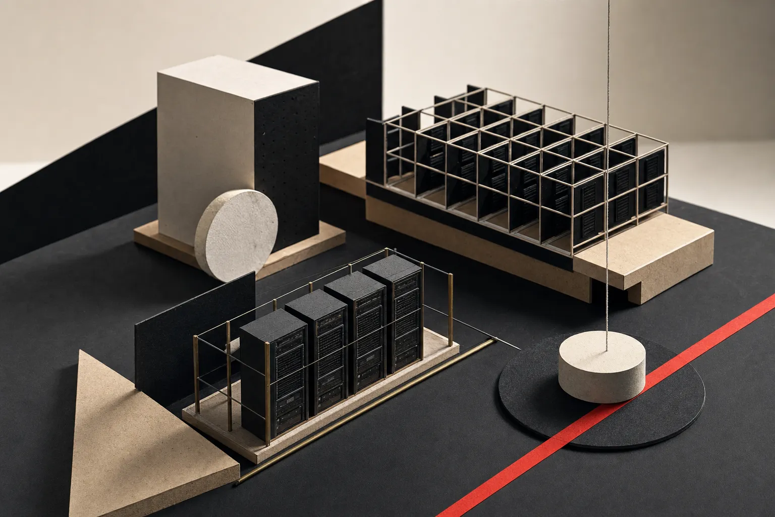 Constructivist composition of server racks, computational grids, and structural massing blocks with a red accent line