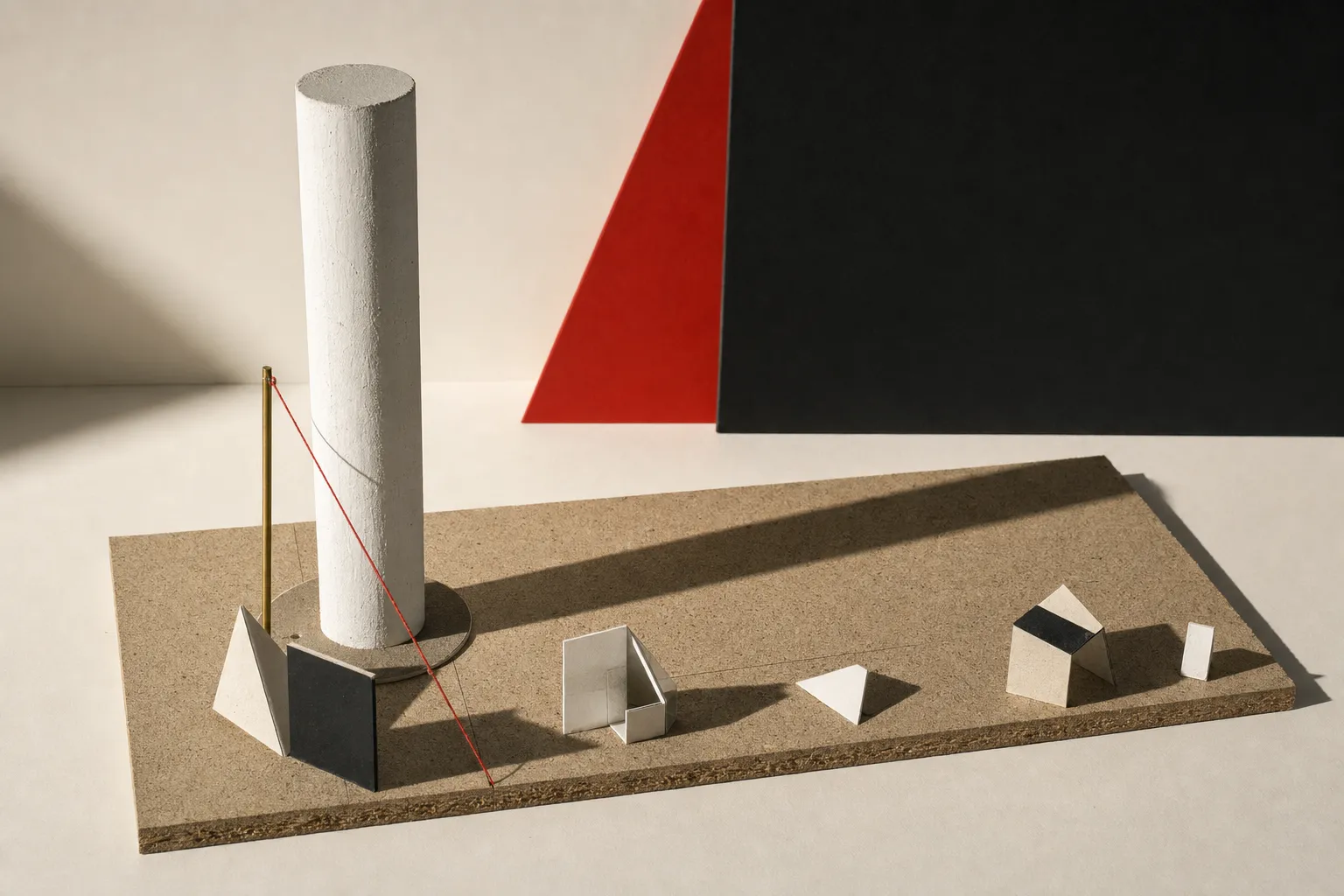 A plaster column standing alone on a chipboard base among much smaller folded-paper buildings, casting one long shadow