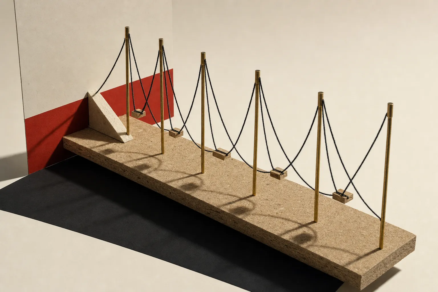 A study model of slender brass towers along a chipboard base, black thread slung between them in repeating catenaries