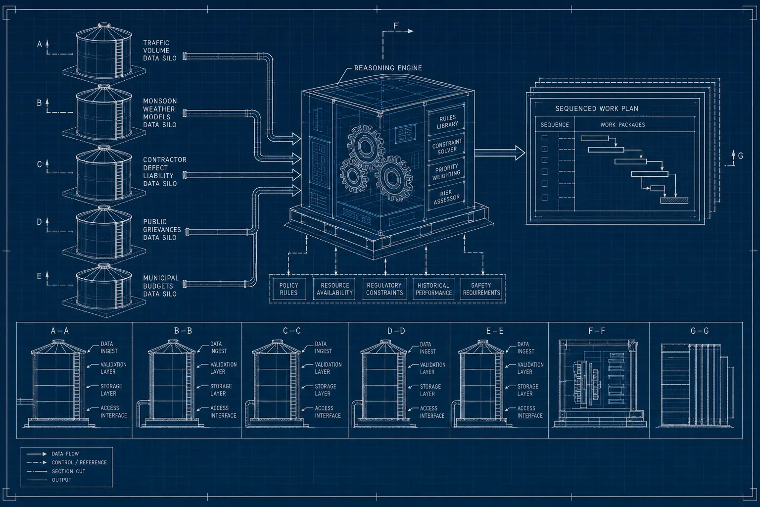 Blueprint diagram of data silos converging into an agentic reasoning engine
