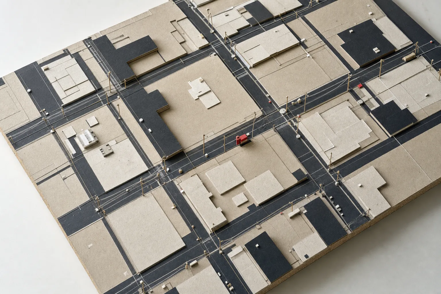 A constructivist physical study model of an urban street grid showing orthomosaic land parcels, building footprints, and utility channels