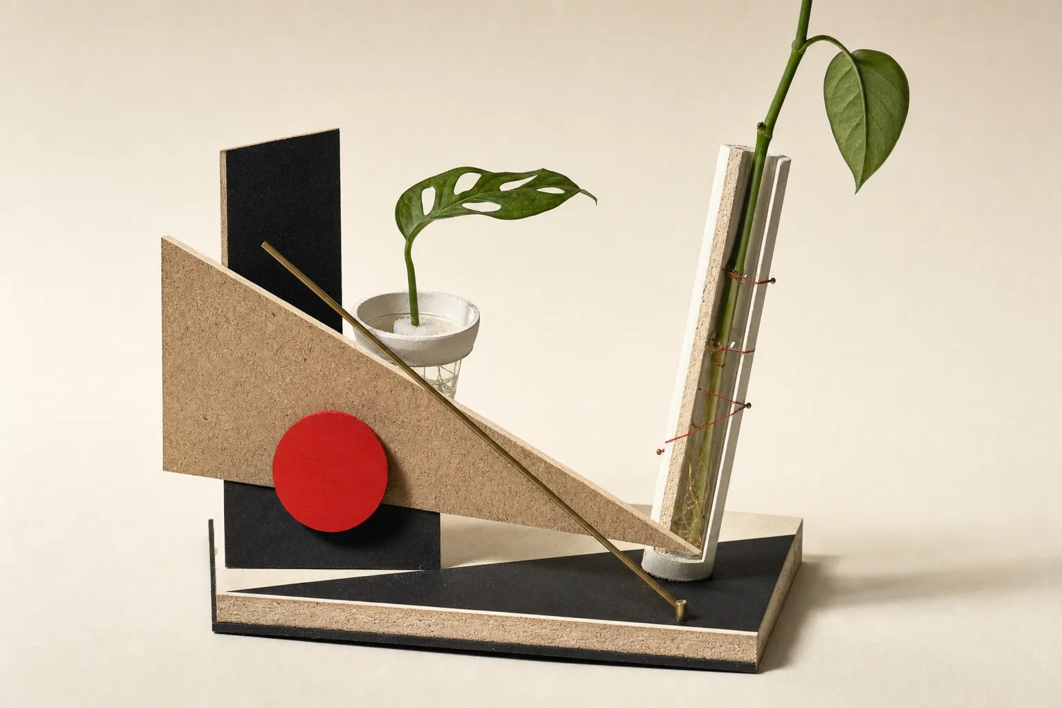 Constructivist geometric study model depicting a hydroponic plant pod and vascular stem vase.
