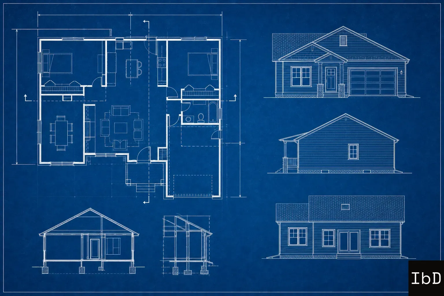 White line technical architectural blueprint floor plan on a dark blue background.
