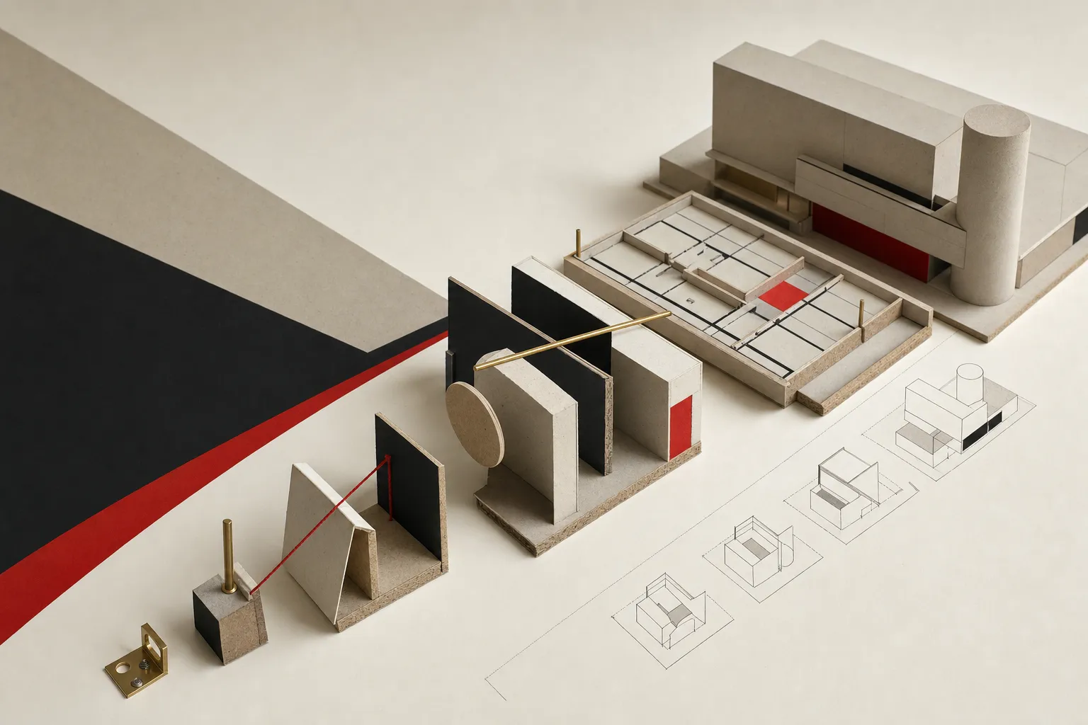 Constructivist paper-and-plaster physical model of architectural spatial block contracts composing from a small fastener up to a city massing grid