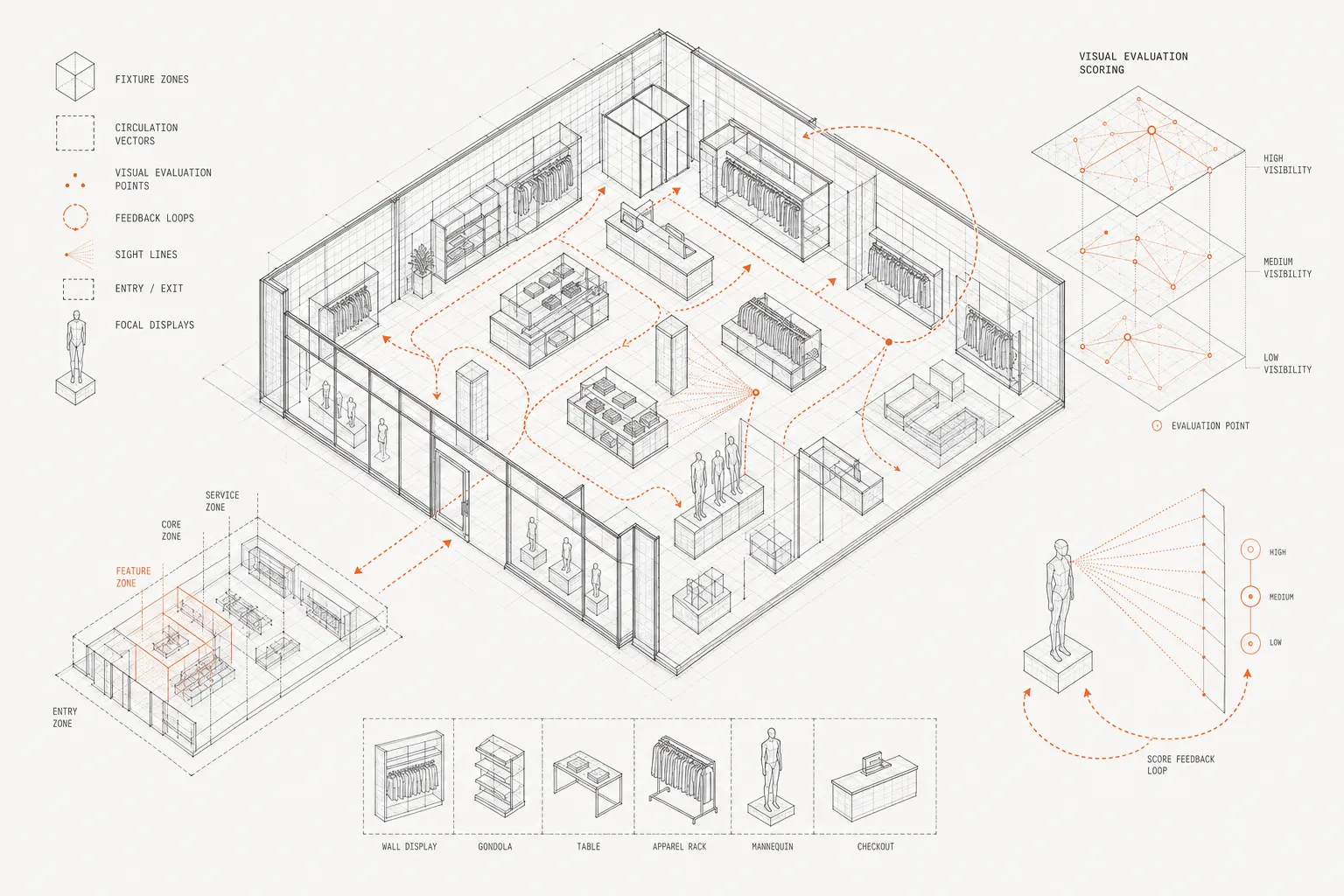 Isometric layout of a retail store with evaluation flow vectors and scoring traceback feedback loops