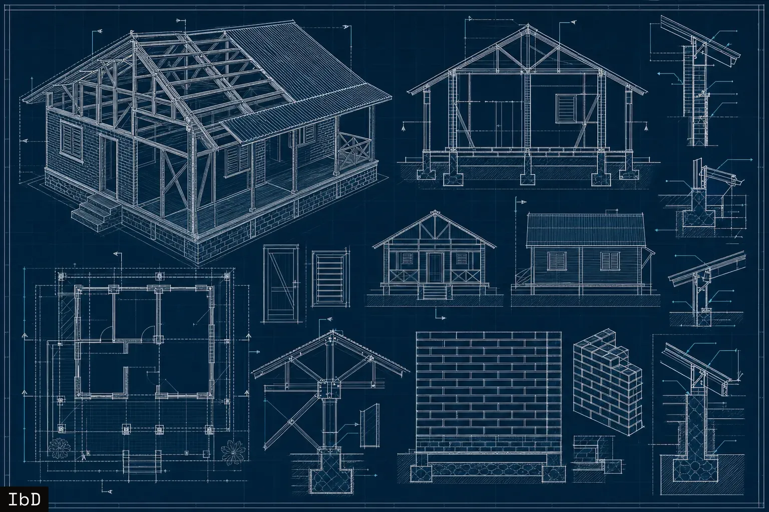 Architectural blueprint showing structural details and elevations of a standardized rural house design.