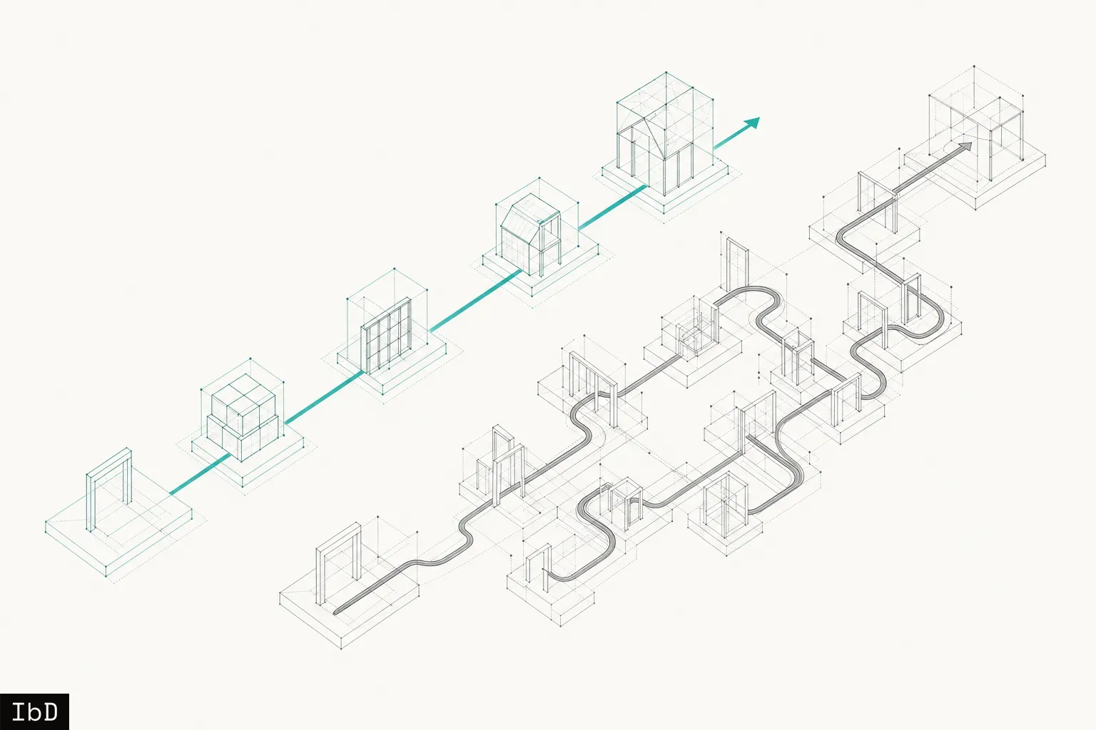 Isometric diagram illustrating a fast-track fast line for pre-approved housing designs versus a multi-stage permitting process.