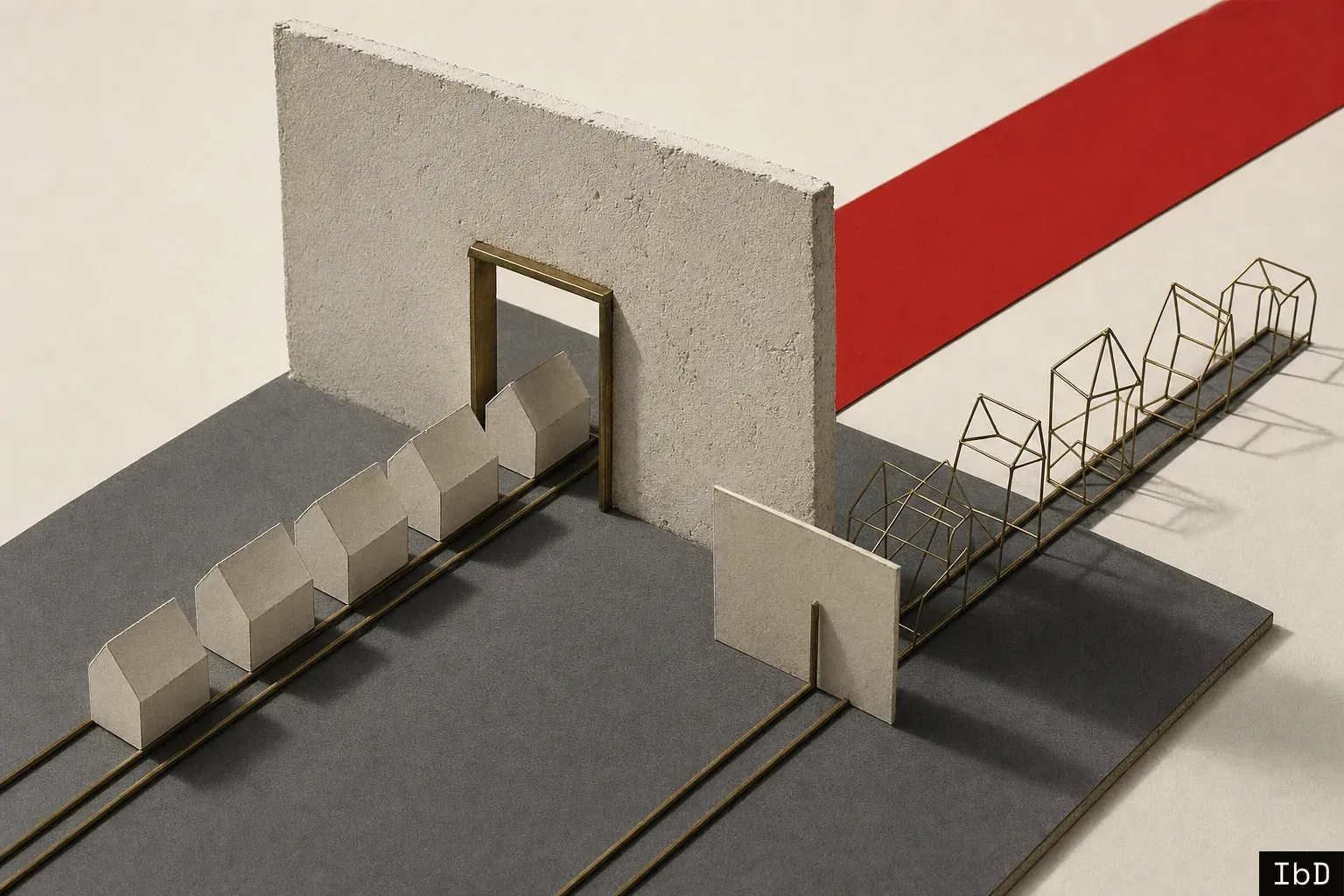 Architectural study model in white card and brass rods showing two parallel tracks passing through a wall barrier: pre-folded card house modules pass quickly through an open slot on one side, while custom wireframe house frames wait in a queue on the other.