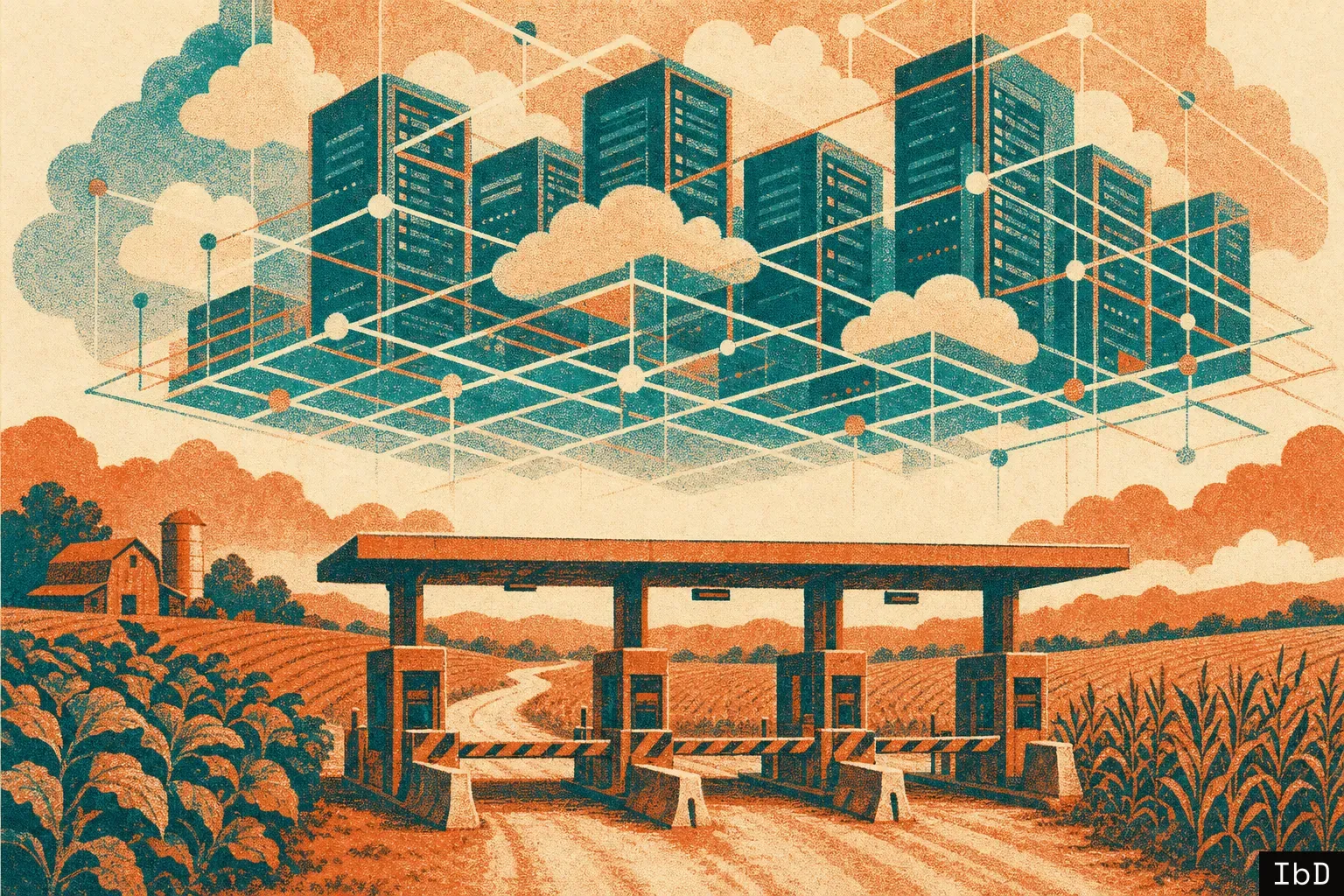 A two-layer risograph illustration contrasting historical agricultural land ownership with modern digital platform infrastructure.
