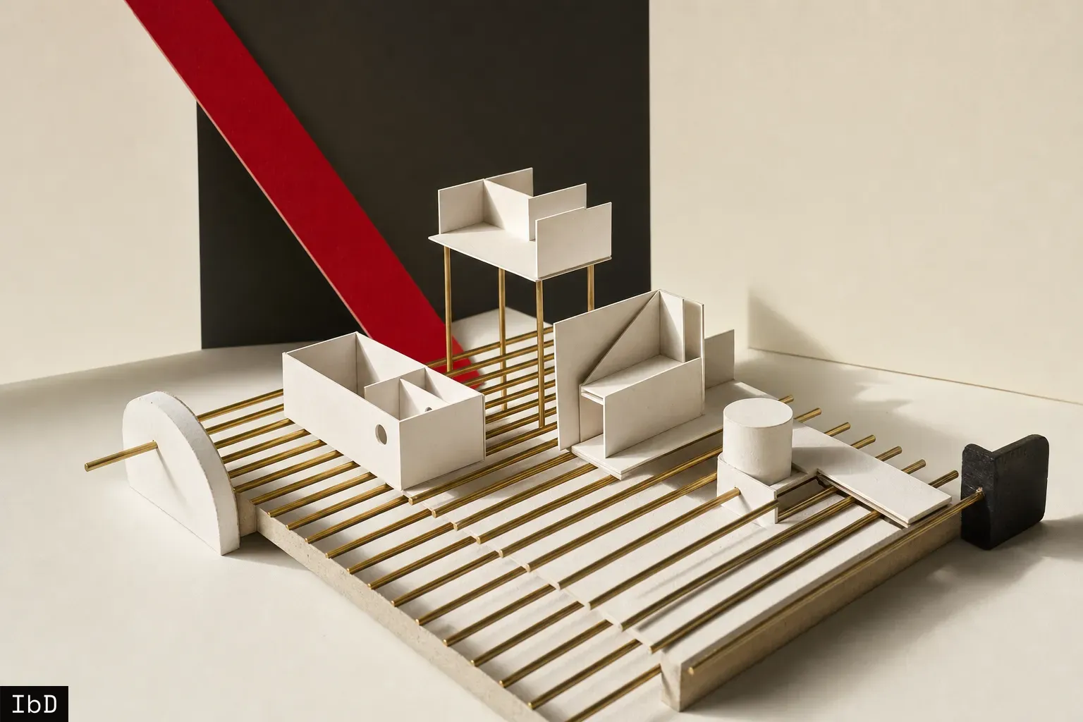 An architectural study model of white cardstock and slender brass rods, featuring a grid of continuous parallel rails with modular geometric paper blocks aligned along the tracks.