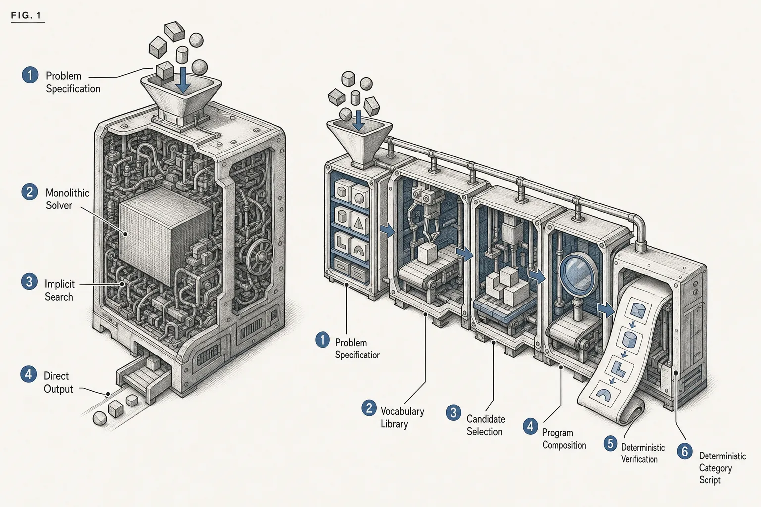 Axonometric cutaway explainer diagram contrasting a monolithic solver with a vocabulary-driven program synthesis pipeline generating deterministic category scripts.