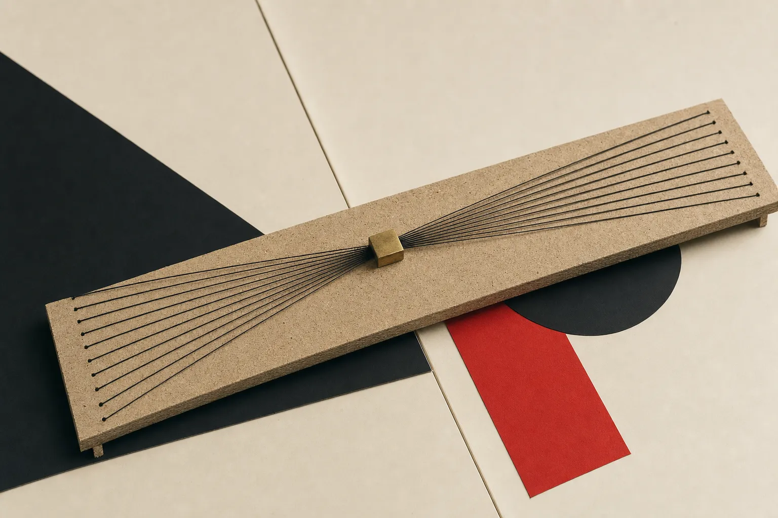 A single brass block at the centre of a chipboard plate, fine threads converging into it from one edge and leaving from the other