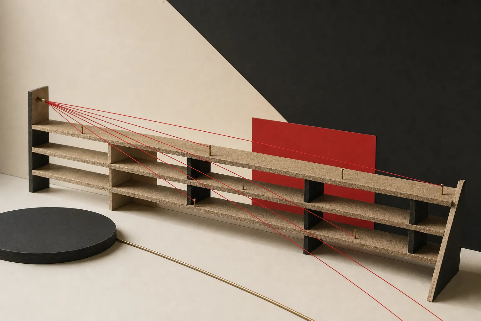 A chipboard shelf run with red threads fanning from a single pin to scattered points across its full length