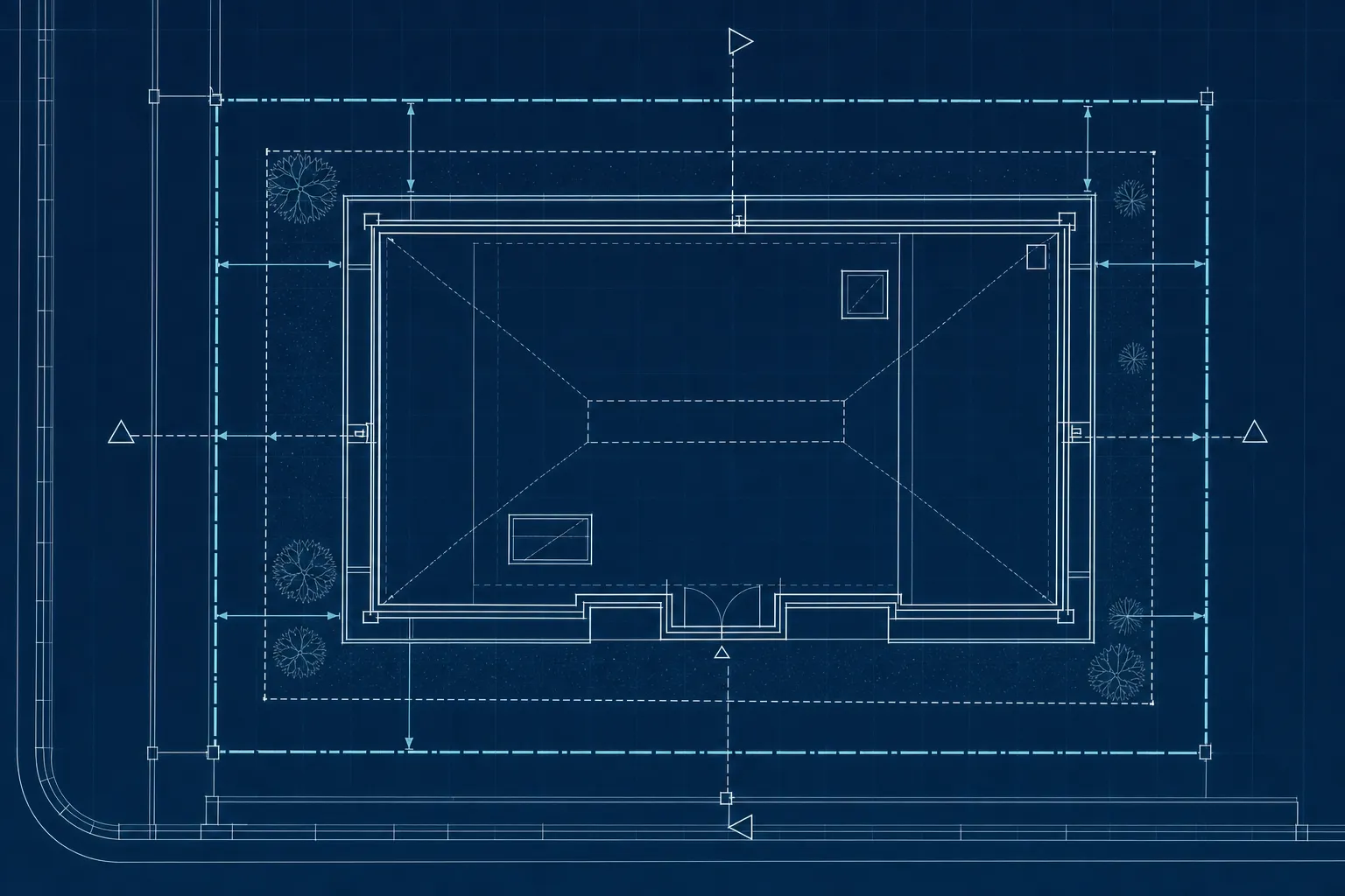 Blueprint site plan displaying mandatory front, rear, and side setback buffers around a central building box.