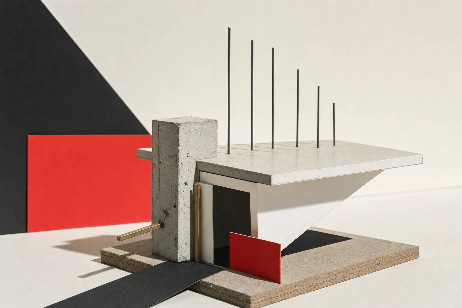 A physical architectural study model made of plaster blocks and card, showing an unfinished top slab with exposed metal reinforcement rods standing upright.