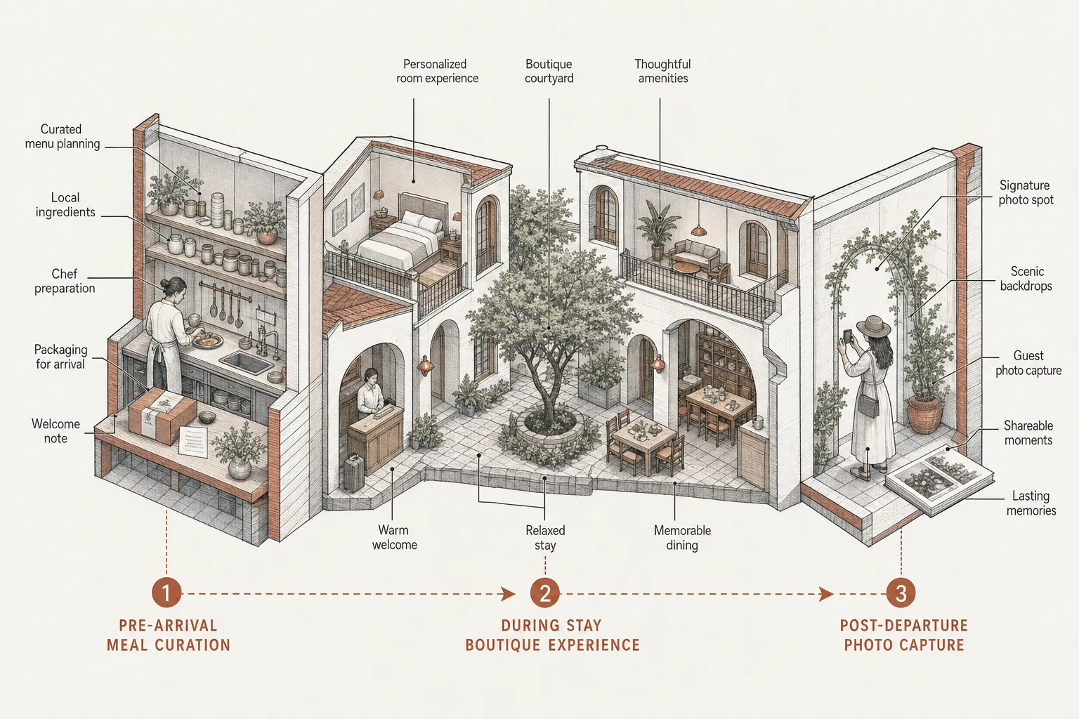 Explainer-cutaway diagram of a hospitality journey showing pre-arrival meal concierge and post-checkout photo capture spots.