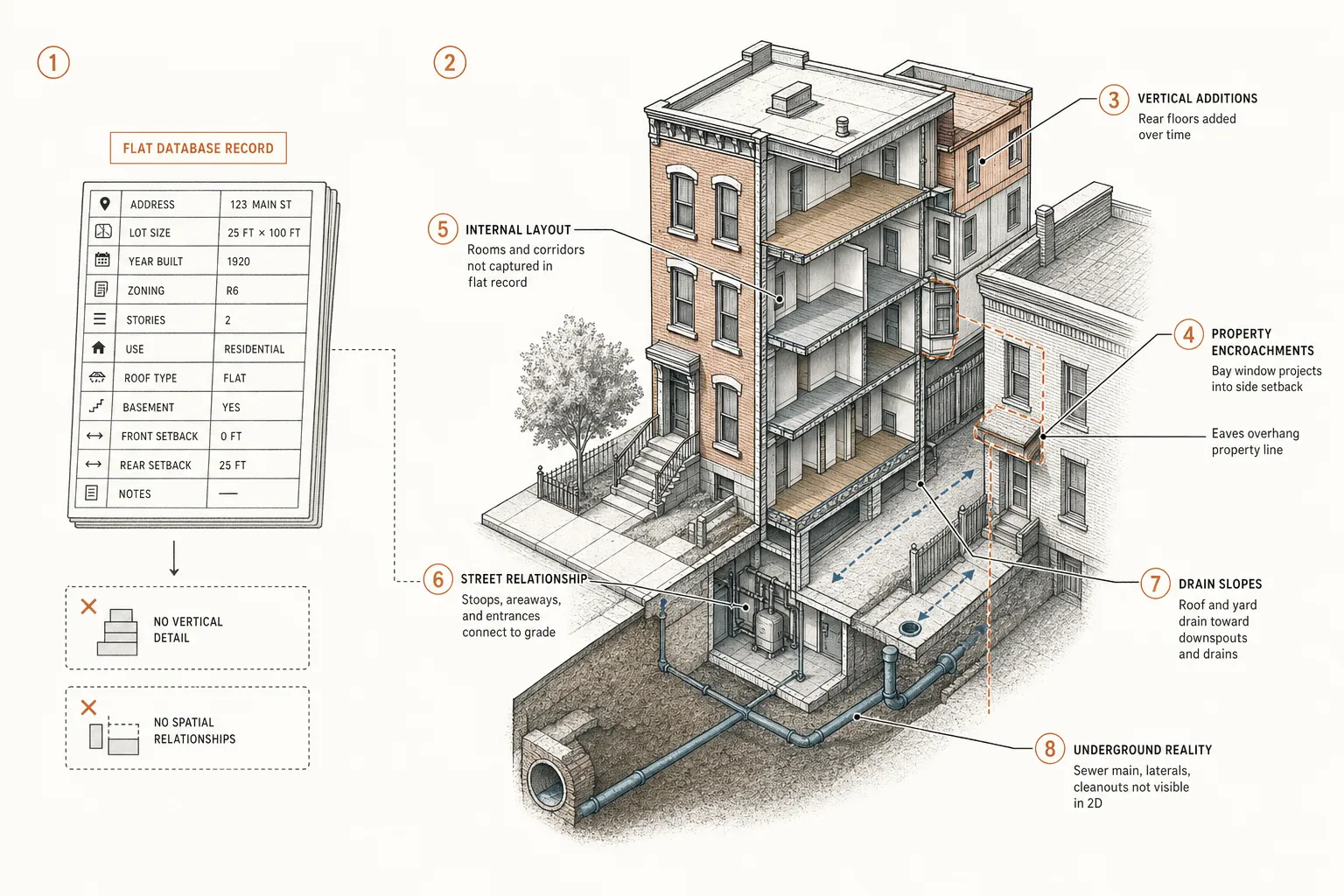 Cutaway diagram comparing flat database records against 3D physical spatial reconstructions showing vertical additions, drain slopes, and physical encroachments.