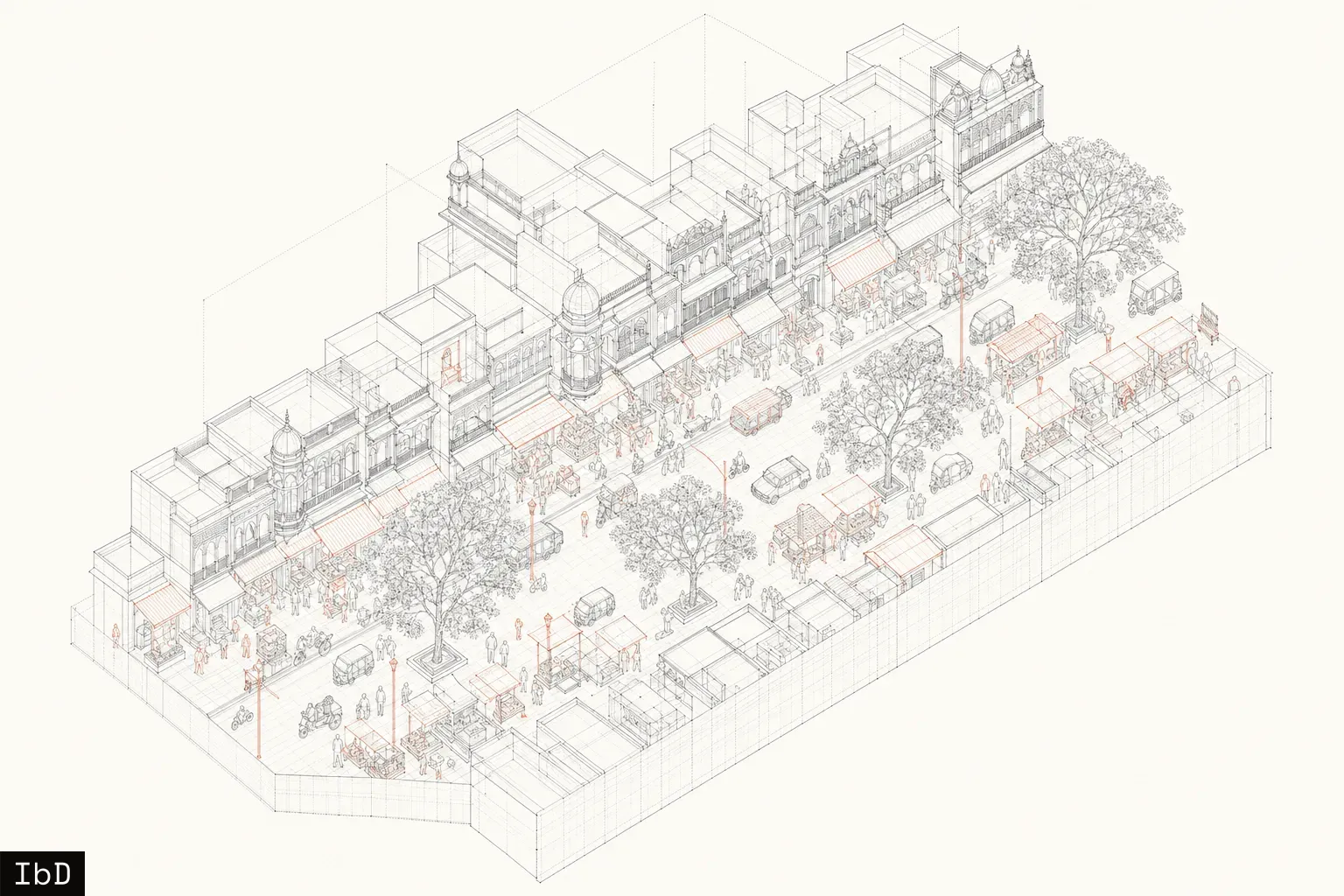 Isometric illustration of a traditional street market with storefronts, trees, and pedestrian zones.