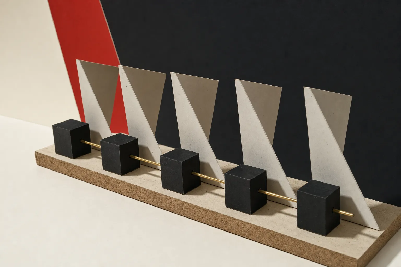 A row of small matte black boxes along a chipboard base, each with a folded-card volume many times its size standing behind it, joined by brass rods.