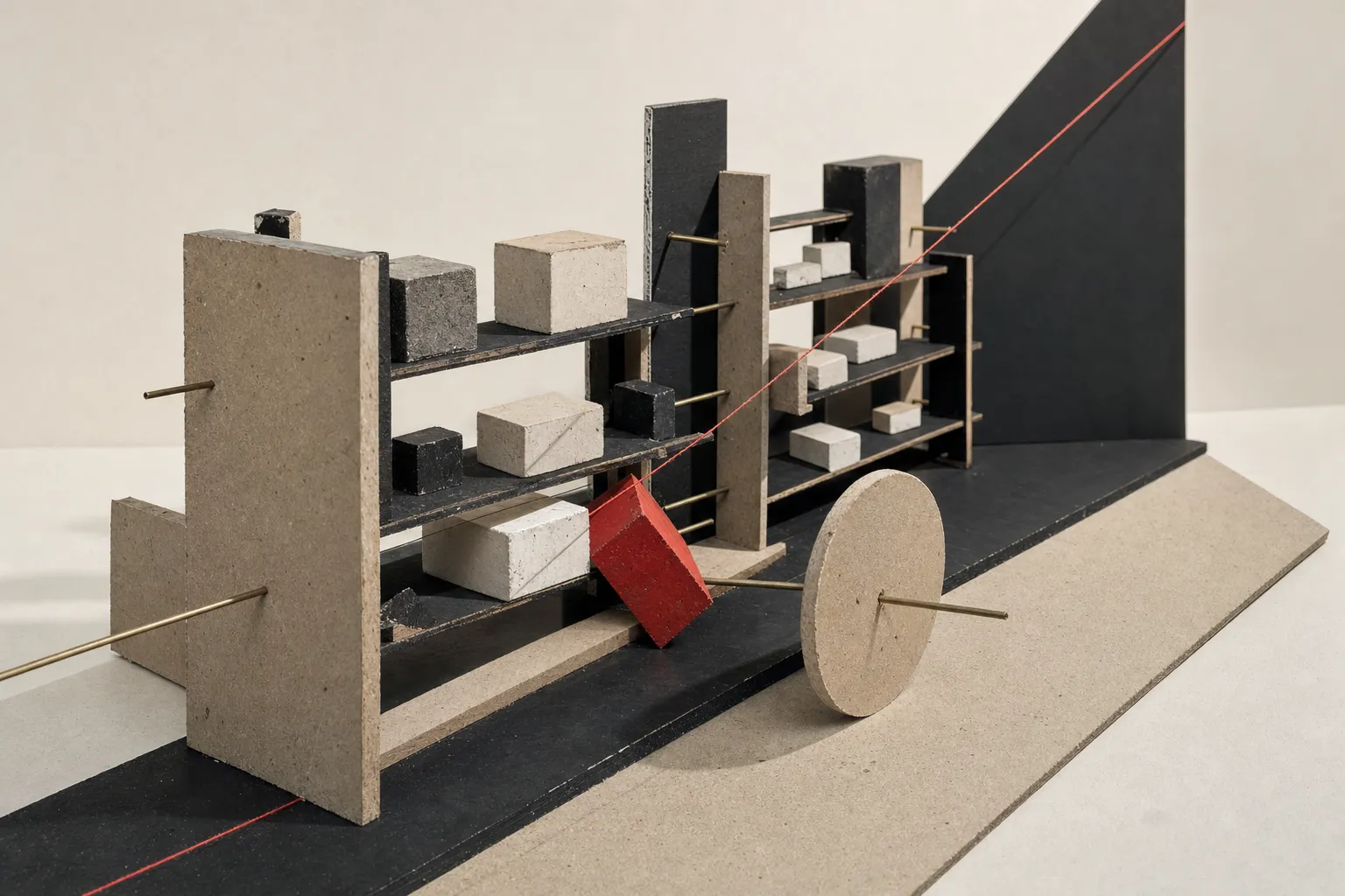 Constructivist study model illustrating warehouse rack layout drift and misplaced pallets
